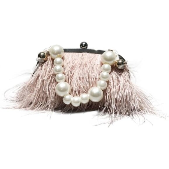 ⚡Women's Fluffy Ostrich Feather Pearl Banquet Evening Light Pink Clutch Bag - Picture 1 of 6